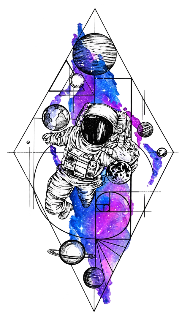 Ilustração de um astronauta flutuando entre planetas e uma faixa de galáxia azul e violeta com linhas geométricas